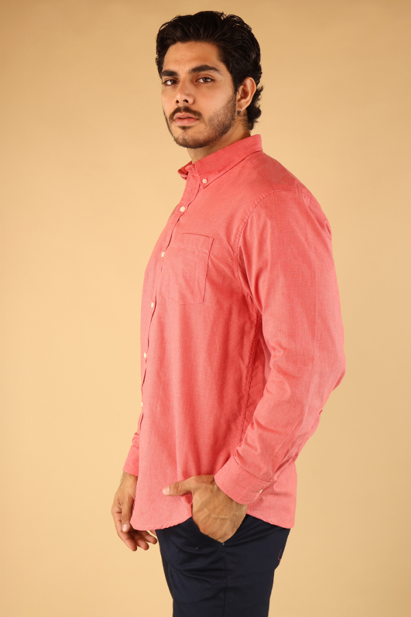 Camisas Manga Larga Color Salmón Corte Regular De Algodón Hombre